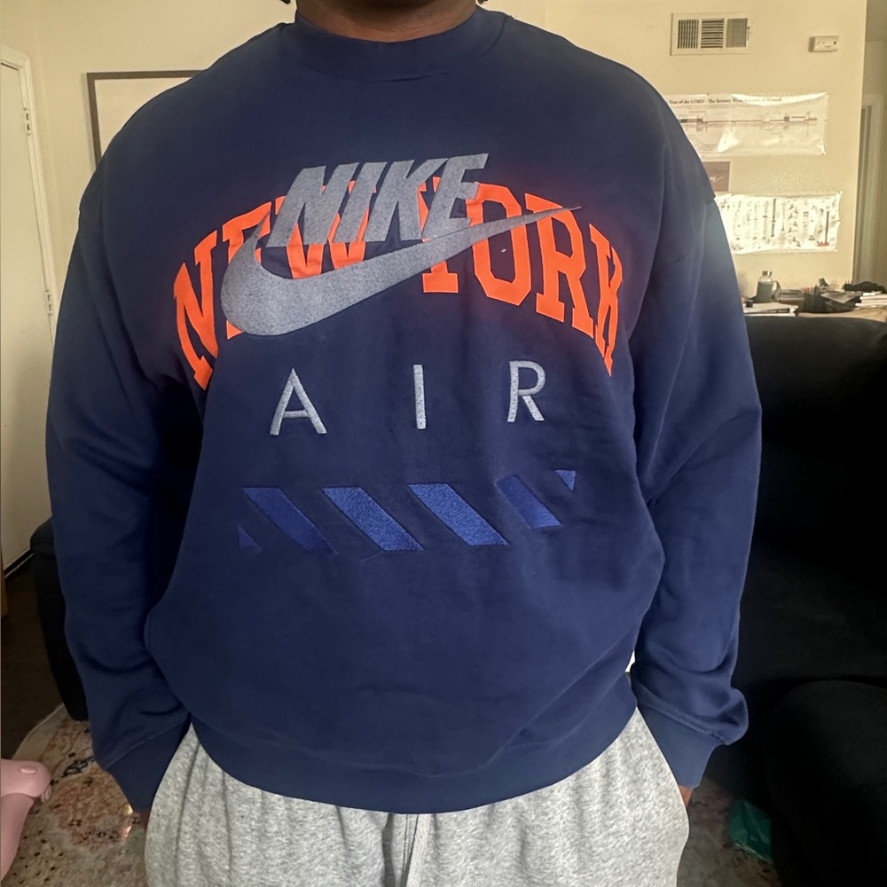 Nike Men's Navy and Orange Crewneck New York Sweater